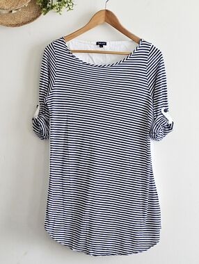 Splendid Striped Top L Navy White Pleated Back Roll Tab Sleeve USA